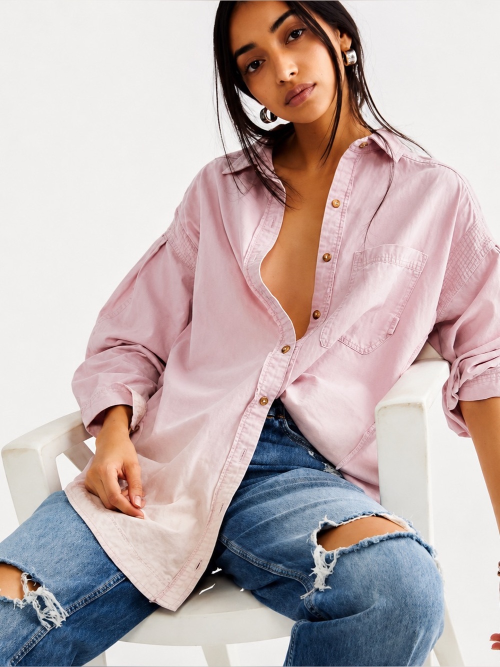 Free People Oversized Cool & Clean Waffle Button Down Lavender Ombré Mediu